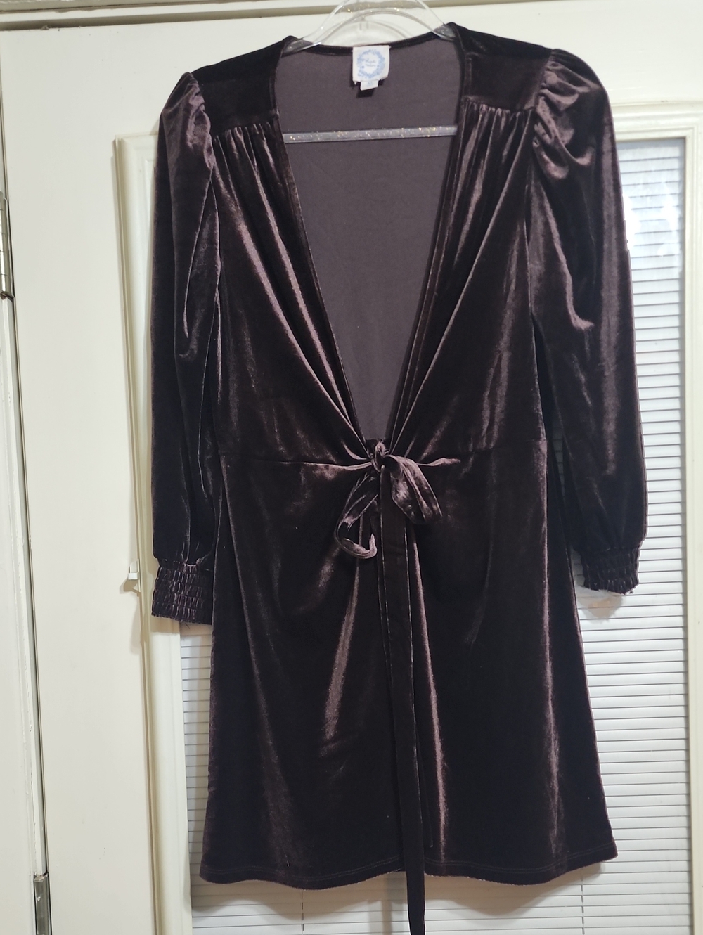 Blue Rain Velvet Tie-Front Robe Dress in Deep Brown